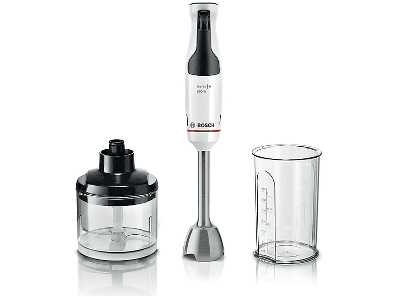 immagine di Frullatore ad immersione BOSCH MSM4W220, 600 W, Impugnatura Ergonomica, Regolazione Dinamica della Velocità, 4 Lame in Acciaio Inox, Tritatutto, Bicchiere Graduato, Bianco