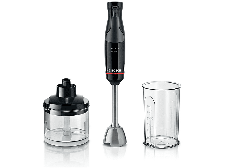 Frullatore ad immersione BOSCH MSM4B620, 1000 W, Impugnatura Ergonomica, Regolazione Dinamica della Velocità, 4 Lame in Acciaio Inox, Tritatutto, Bicchiere Graduato, Nero