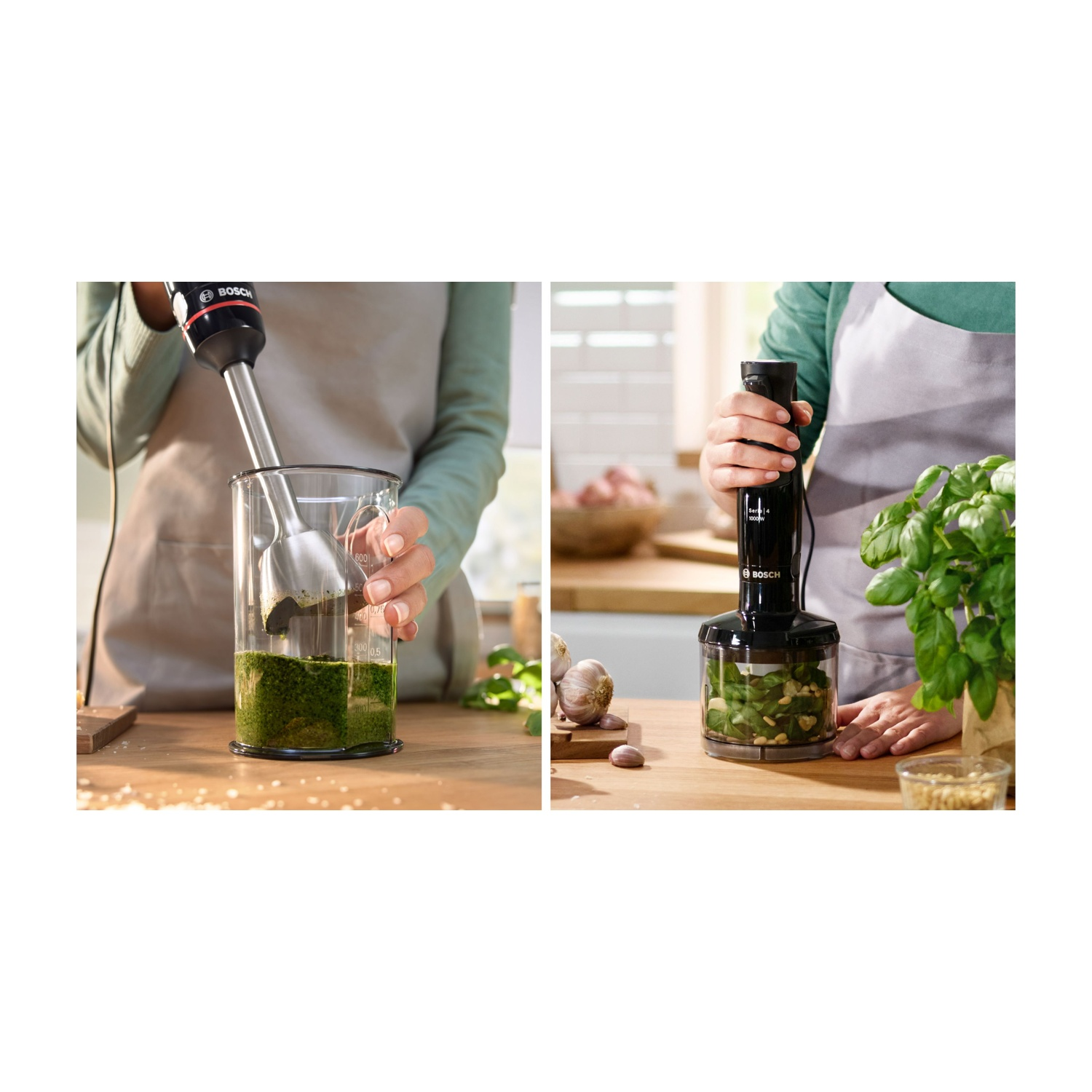 Un frullatore in uso, che mescola ingredienti verdi in un bicchiere. Un'altra immagine mostra ingredienti frullati.
