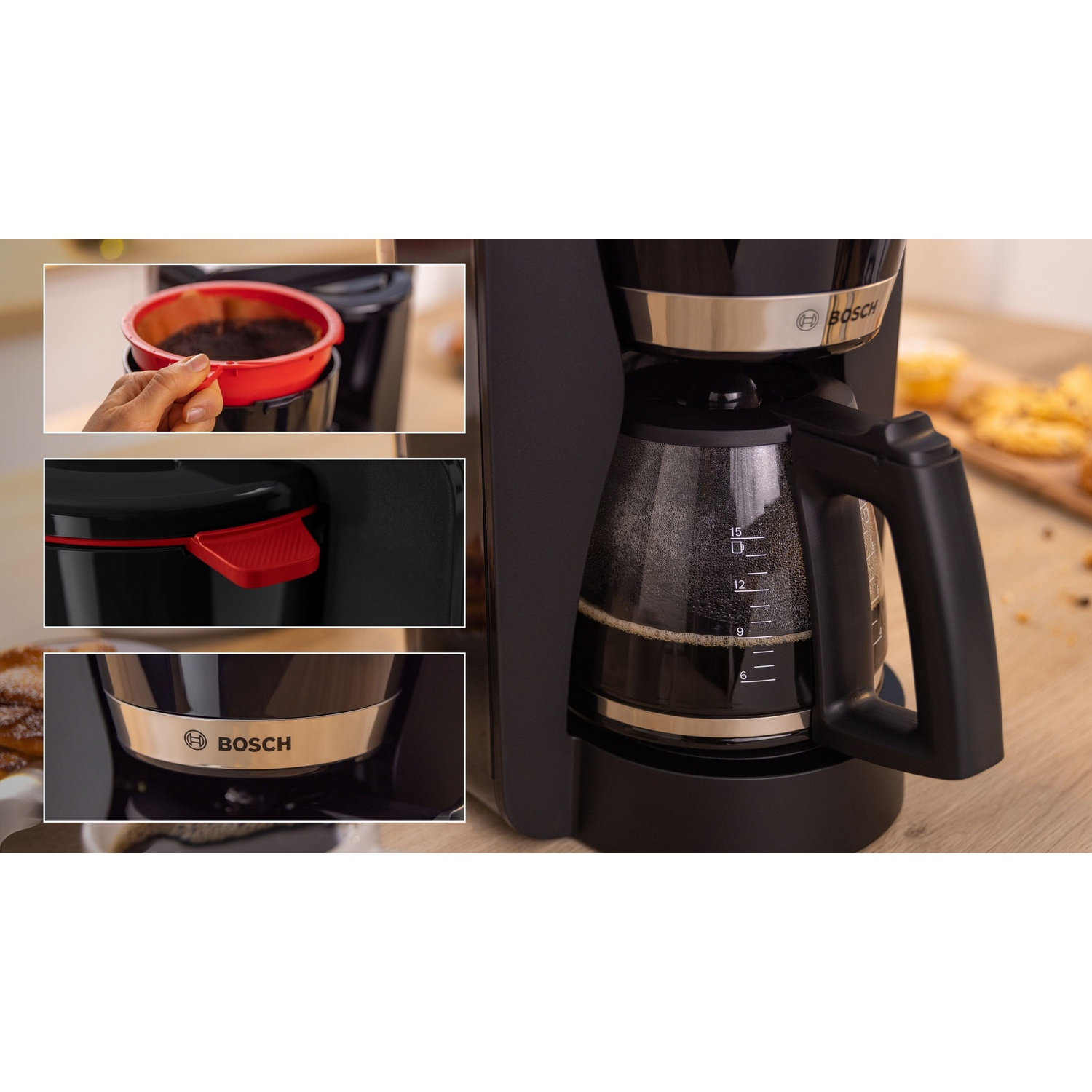 Una macchina per il caffè nera. Riprese dettagliate mostrano il filtro, il manico e il marchio.