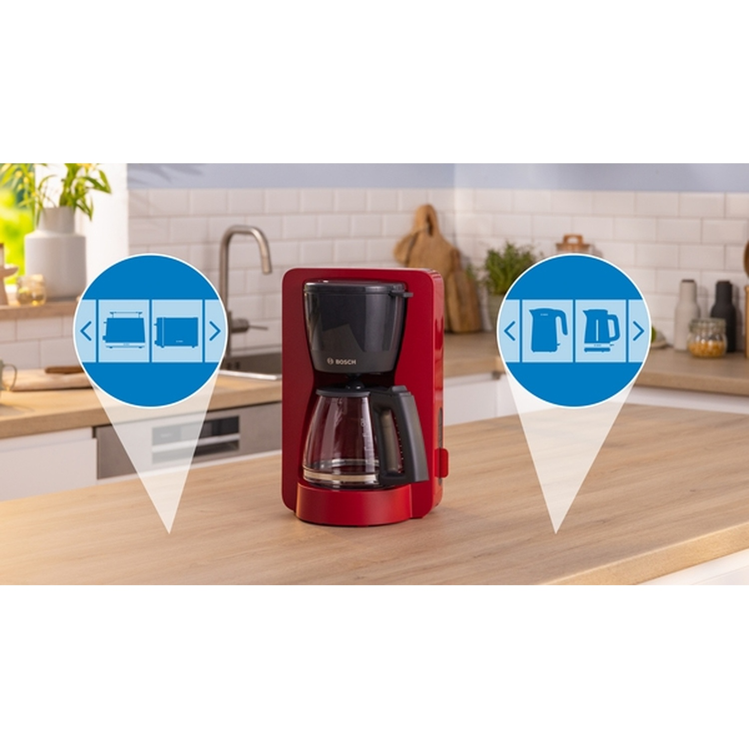 Una macchina per il caffè rossa con icone che mostrano un tostapane e un bollitore. Lo sfondo mostra un piano cucina.