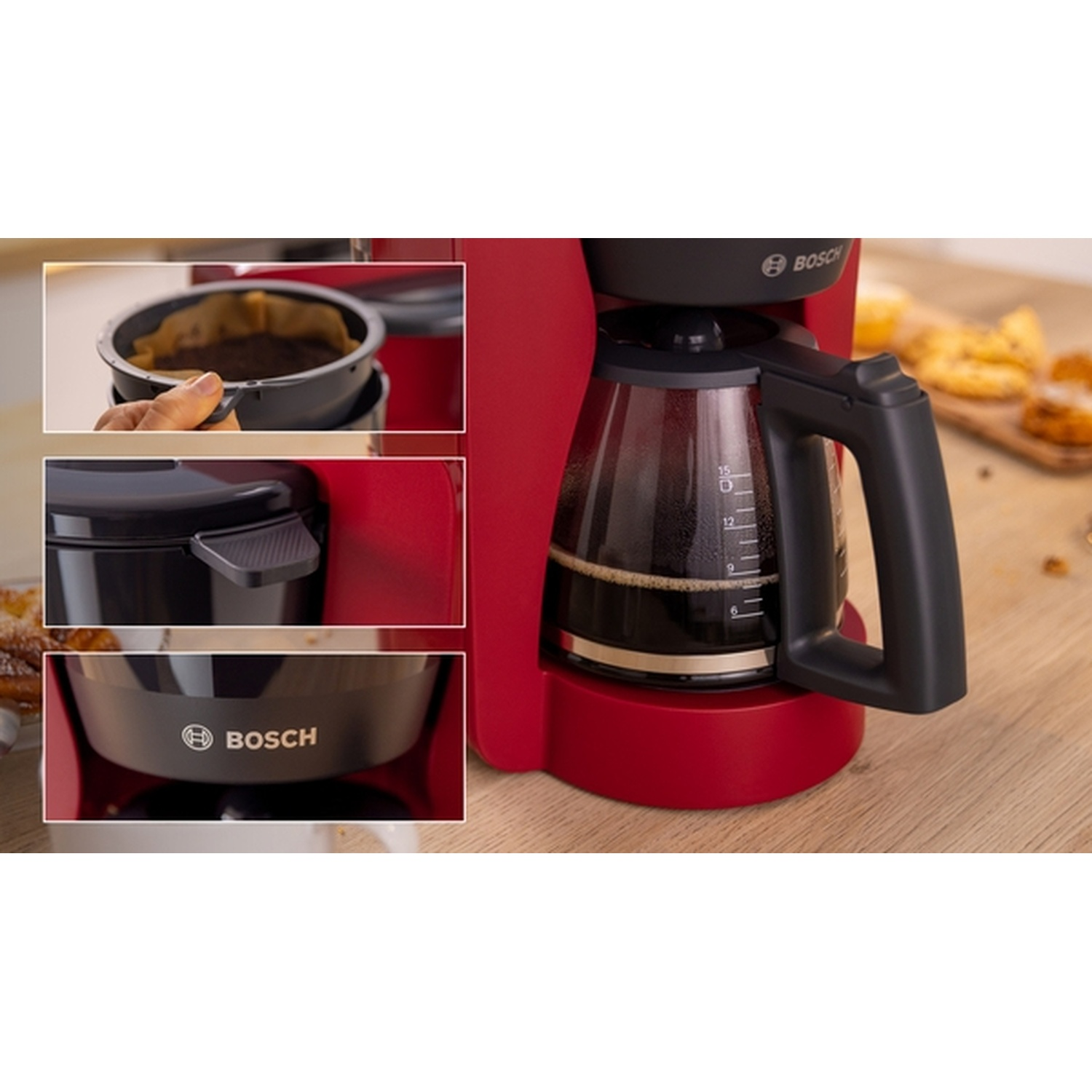 Una macchina per il caffè rossa con riprese dettagliate che mostrano il filtro, un manico e il marchio.