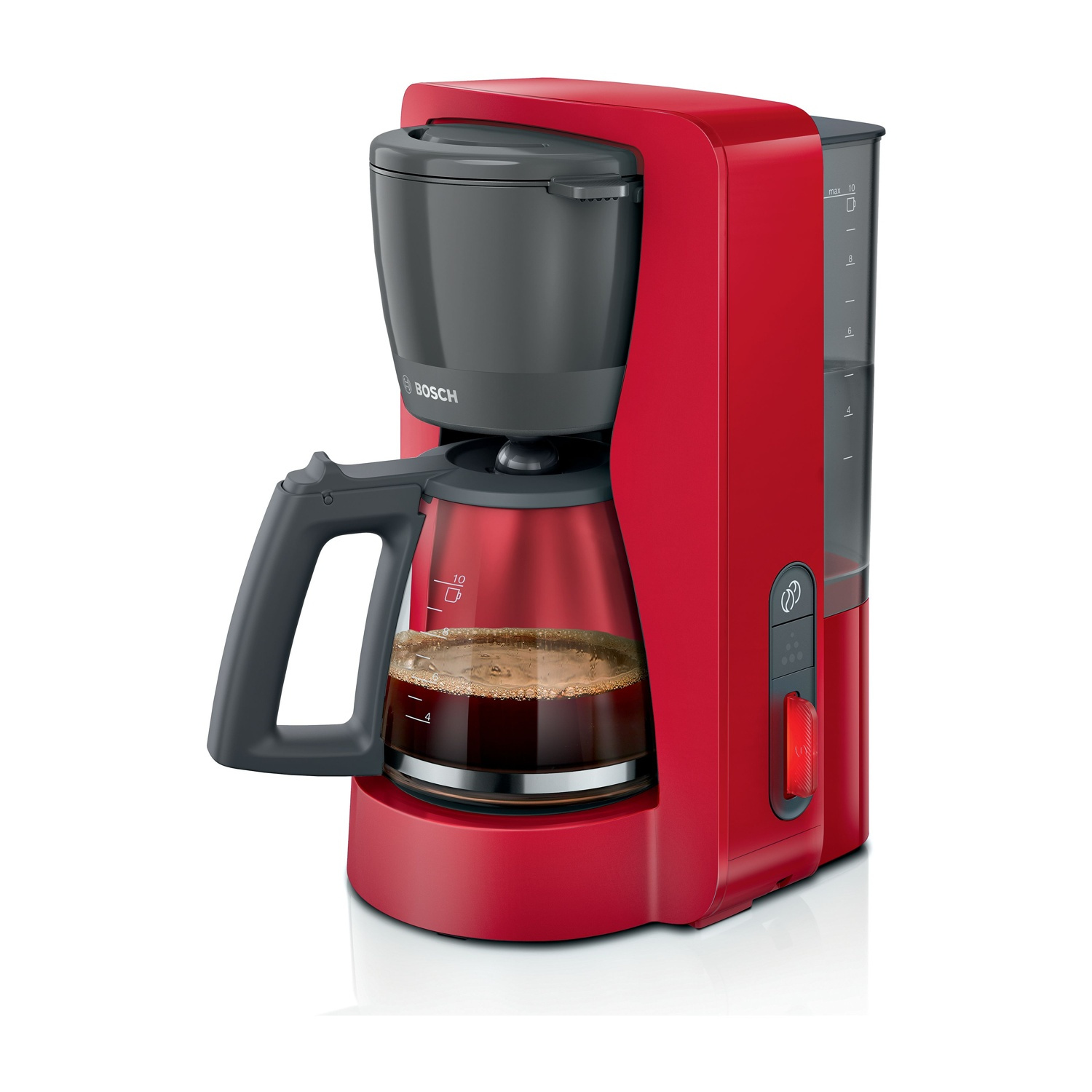 Una macchina per il caffè rossa con una caraffa di vetro piena di caffè. Il design è moderno.