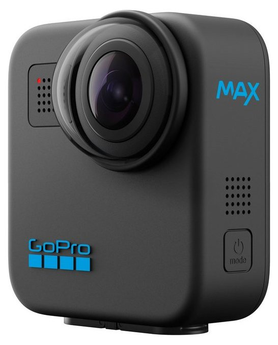 Fekete GoPro Max kamera. Kék 'MAX' és GoPro logó. Lencse elöl.