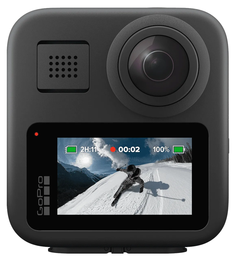 Fekete GoPro kamera síelővel a kijelzőn. Felül lencse és hangszóró.