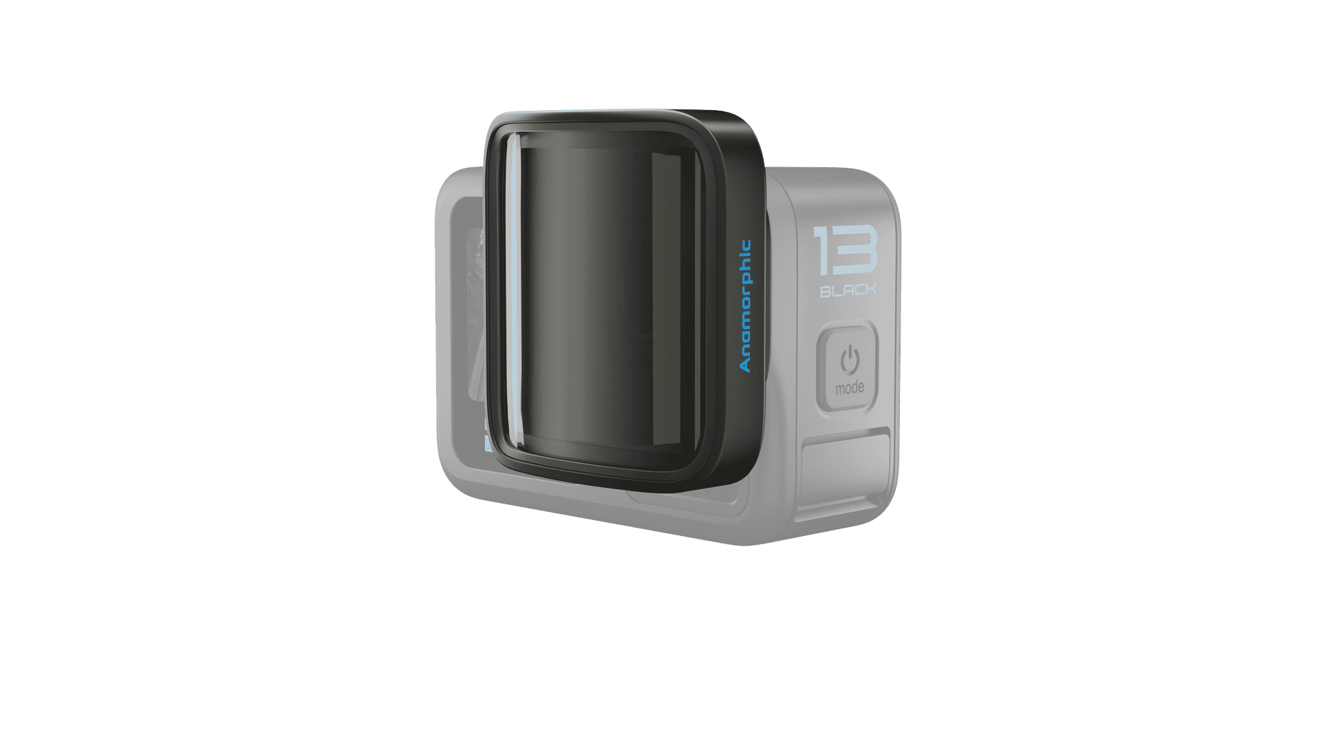 Fekete GoPro kamera objektív tartozékkal. 'Black' és 'Anamorphic' szöveg látható.