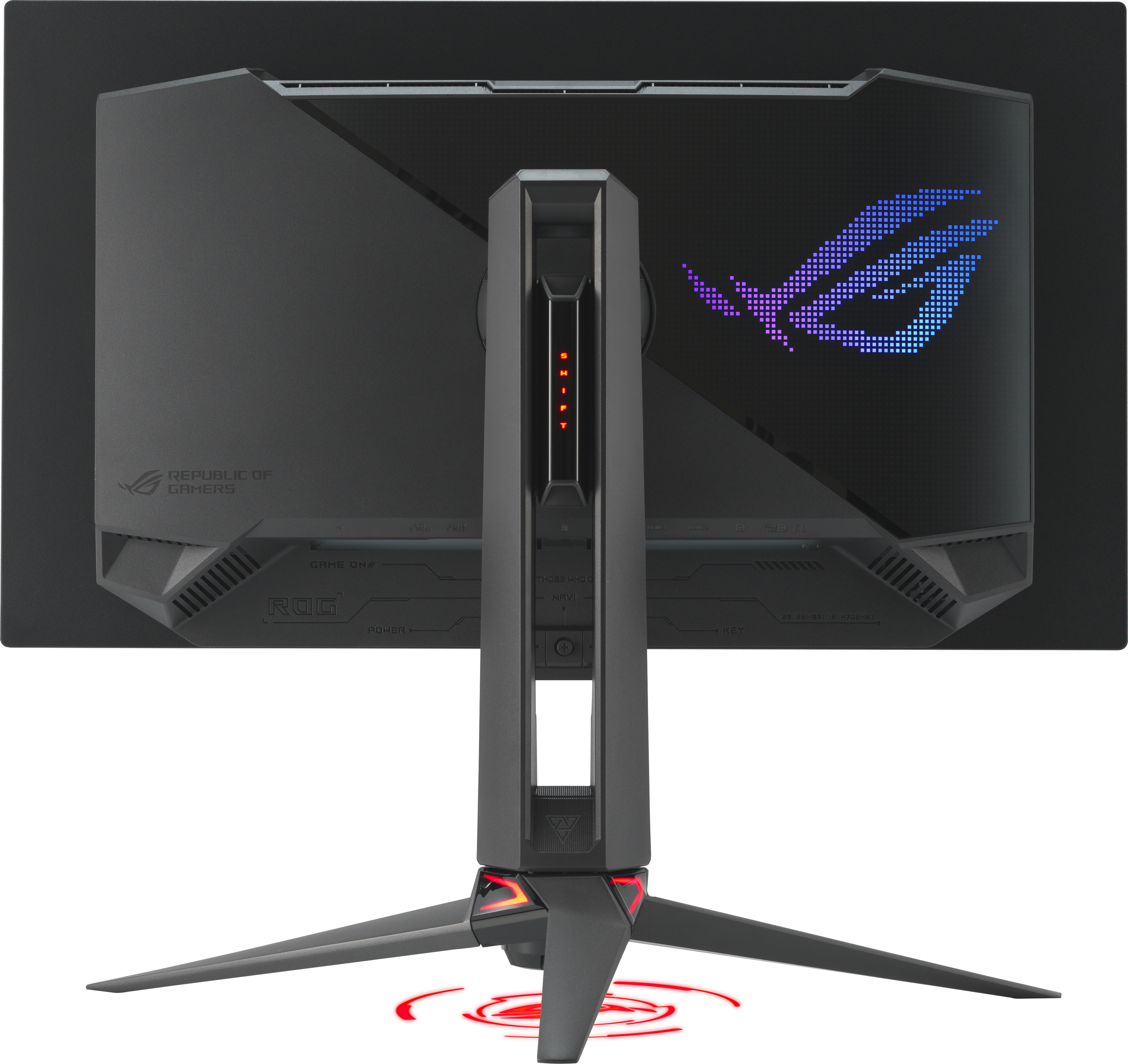Rückansicht eines schwarzen Gaming-Monitors mit Ständer. ROG-Logo leuchtet hinten. Es hat ein futuristisches Design.