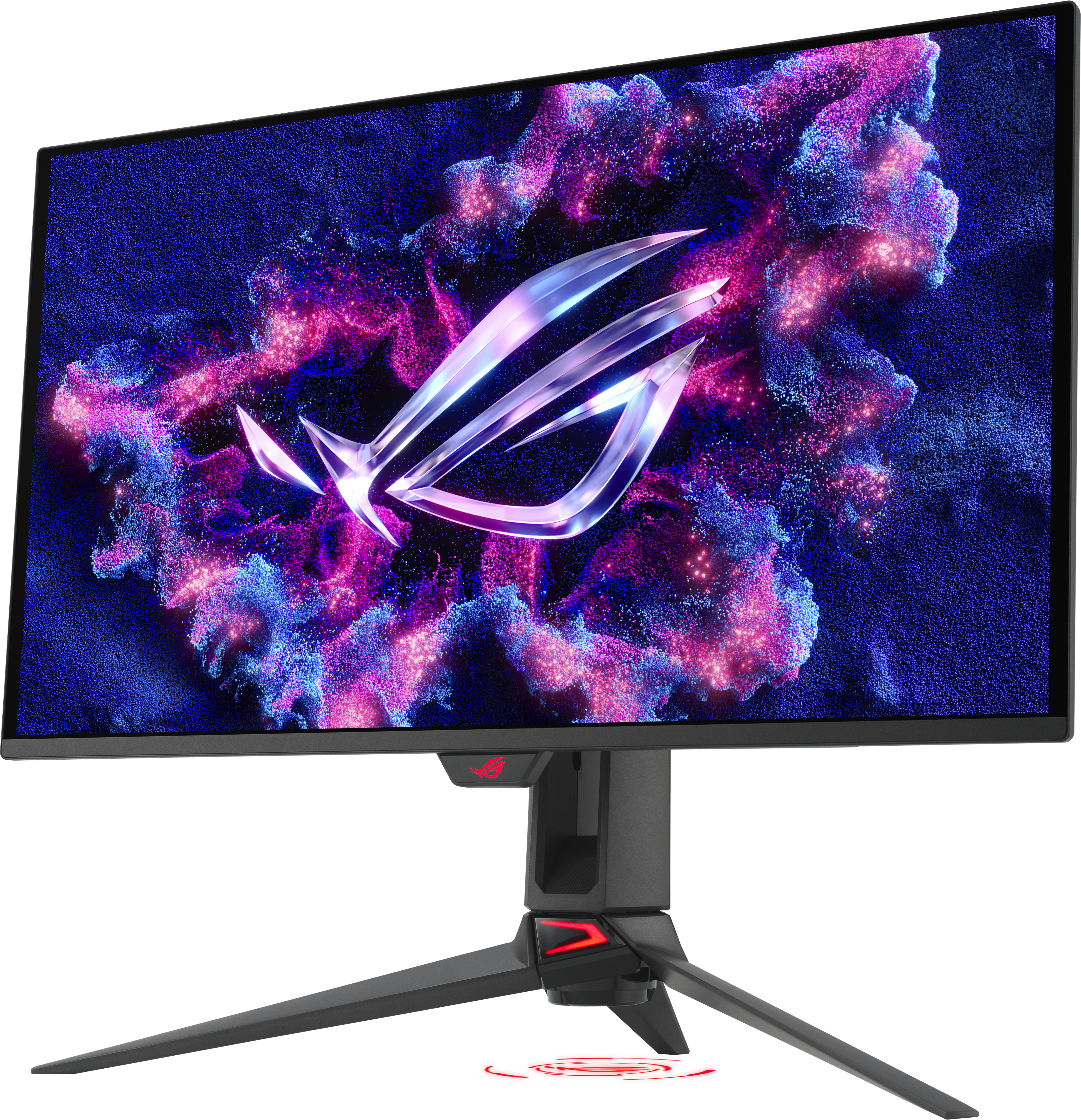 Schwarzer Gaming-Monitor. Der Bildschirm zeigt ein farbenfrohes, abstraktes Design. Ein Logo befindet sich auf dem Ständer.