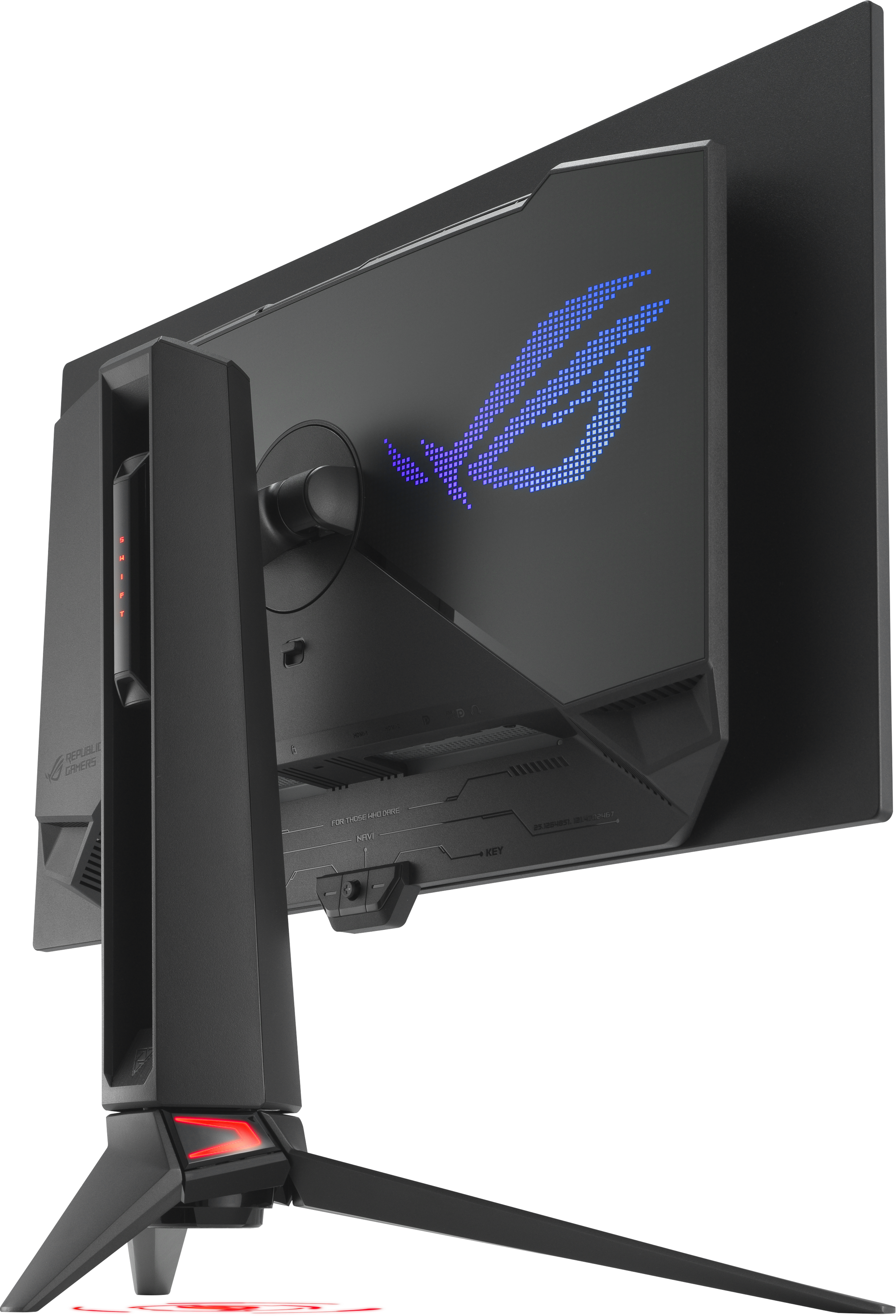 Die Rückseite eines Gaming-Monitors. Er hat einen Ständer, LED-Leuchten und das ROG-Logo.