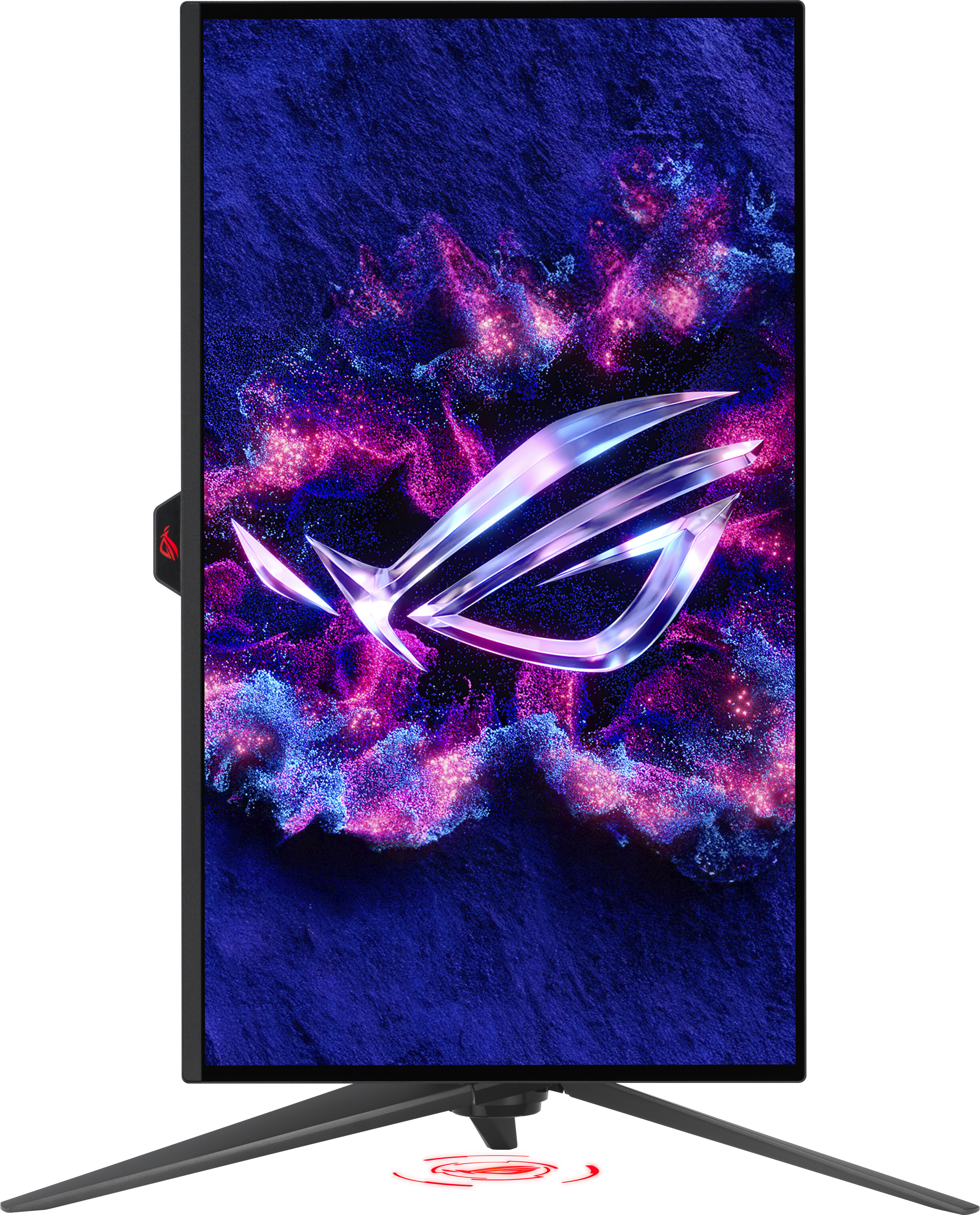 Gaming-Monitor, vertikale Ansicht. Schwarz, mit ROG-Logo. Lila und blauer Hintergrund.