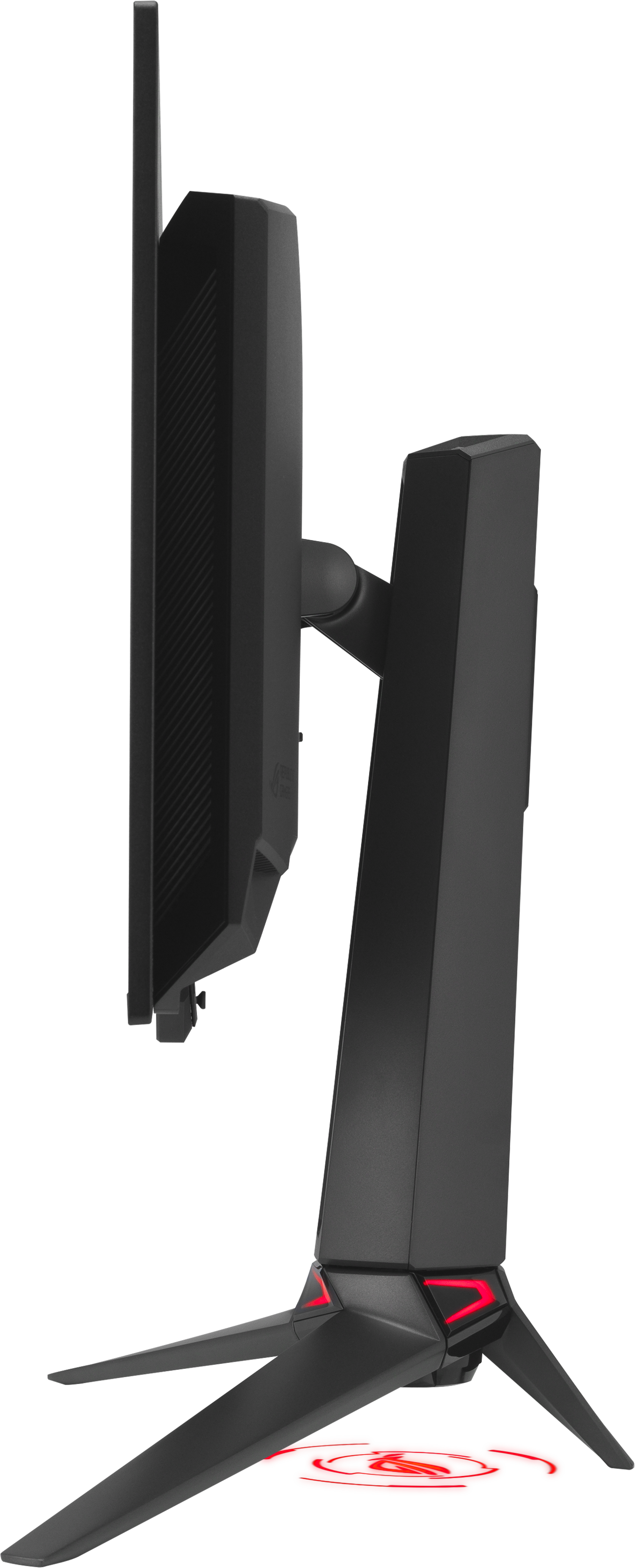 Seitenansicht eines schwarzen Gaming-Monitors mit roten Akzenten am Ständer.