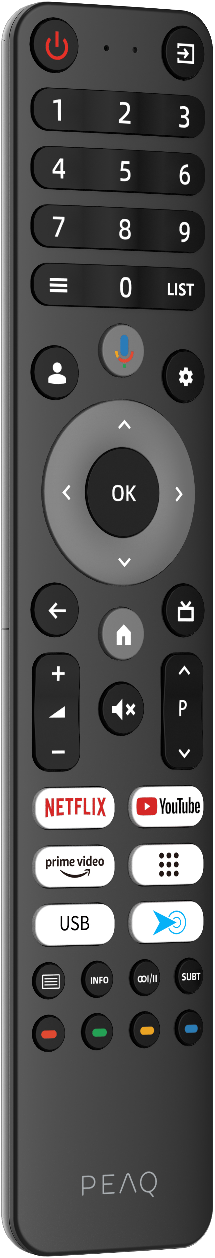 Schwarze Fernbedienung mit Tasten, einschließlich Netflix und YouTube.