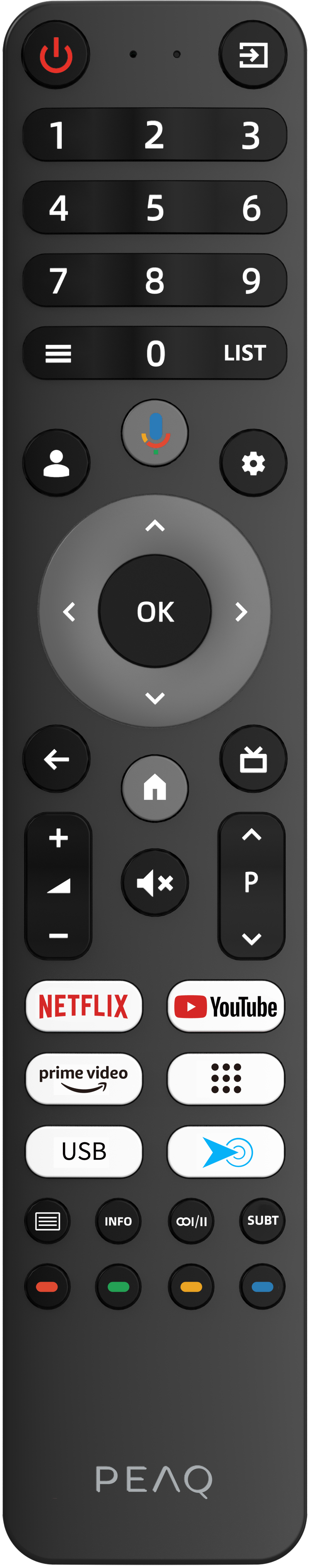 Schwarze Fernbedienung mit Tasten, einschließlich Netflix und YouTube.