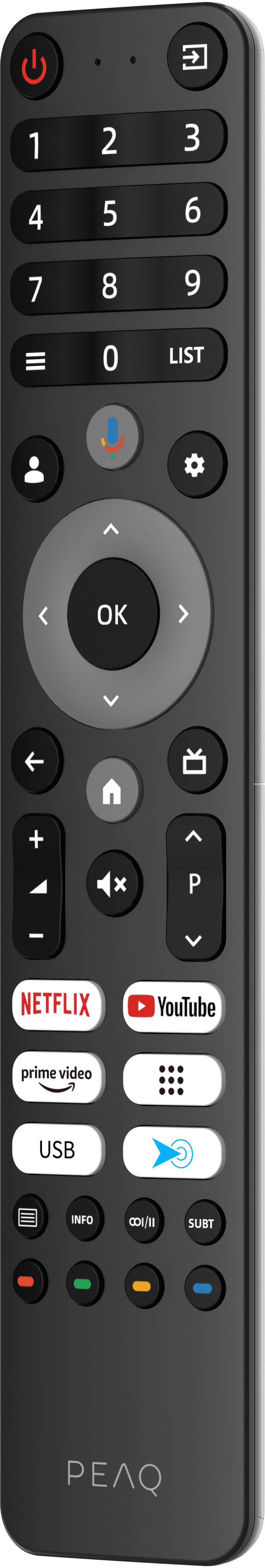 Schwarze Fernbedienung mit Tasten, einschließlich Netflix und YouTube.