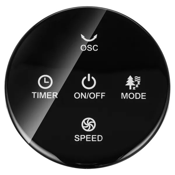 Czarny okrągły panel sterowania z przyciskami timera, włączania/wyłączania, trybu, prędkości.