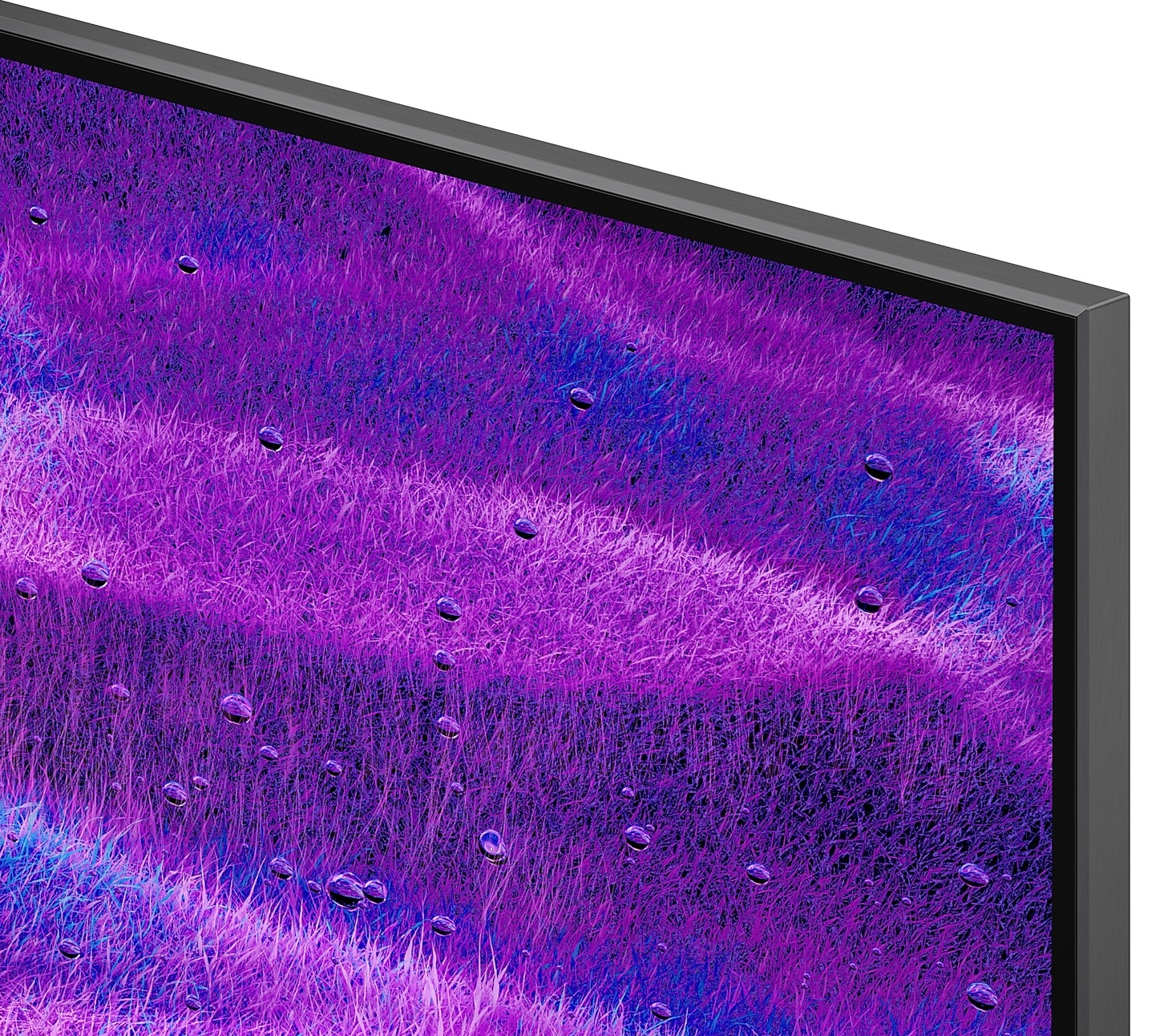 Zbliżenie ekranu telewizora z abstrakcyjną, kolorową sceną.