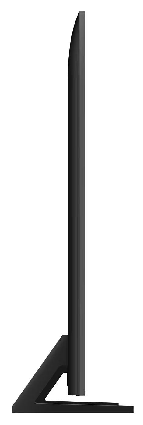 Smukły czarny telewizor na stojaku, na białym tle.