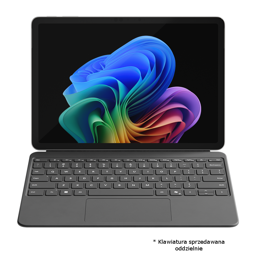 Tablet i klawiatura. Tablet wyświetla abstrakcyjny, kolorowy wzór z wirującymi kształtami.