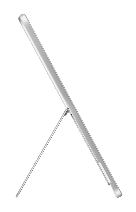 Tablet, podparty pod kątem za pomocą podpórki, na czarnym tle.