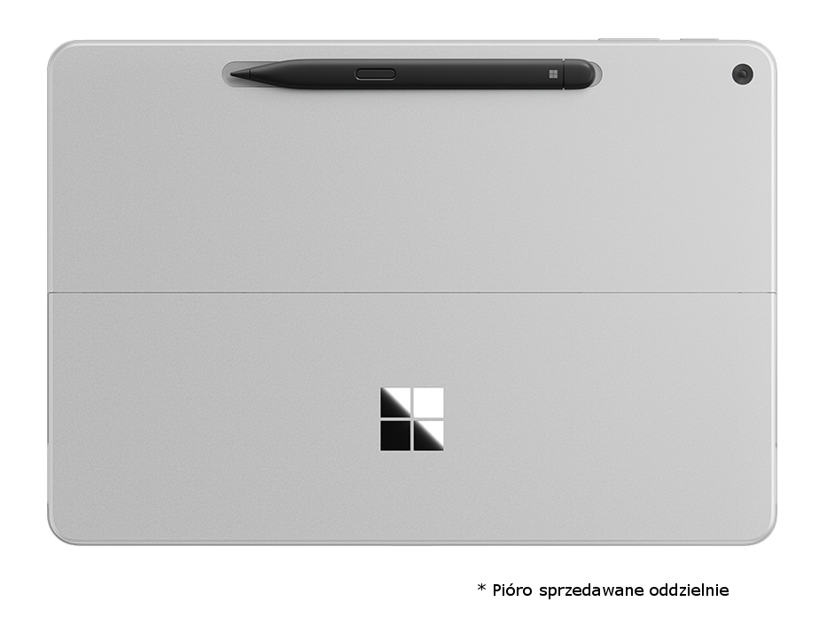 Widok z góry na tablet z rysikiem. Tablet jest srebrny, ma czarny ekran.