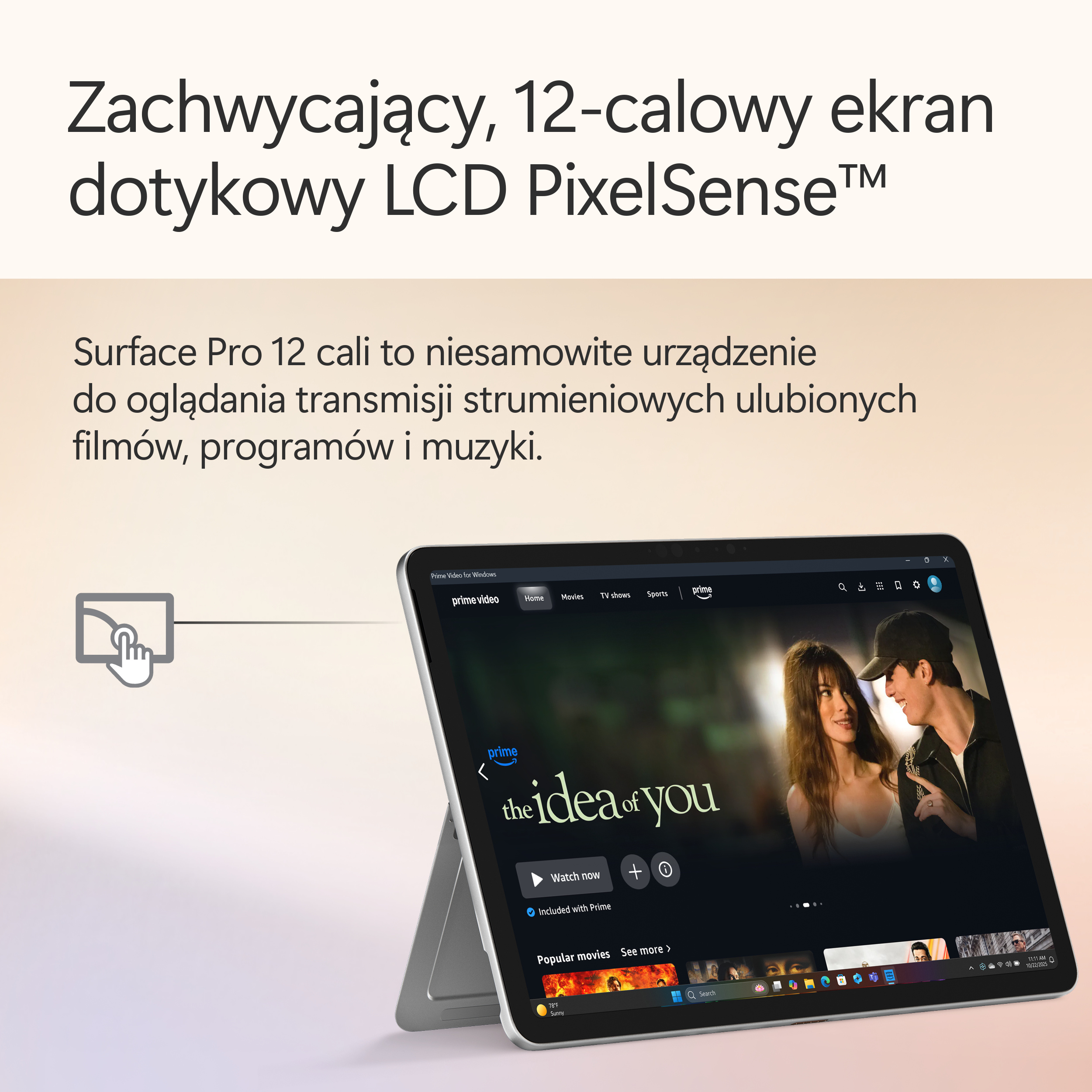 Tablet z odtwarzanym filmem na ekranie. Osoba ogląda film. Tablet jest na podstawce.