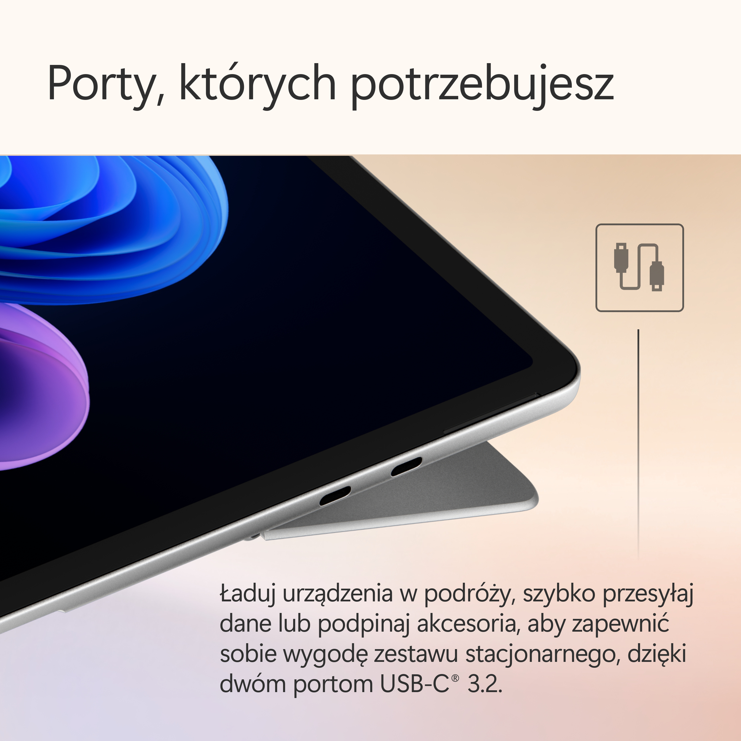 Zbliżenie tabletu z portami USB-C. Tekst wspomina o ładowaniu, przesyłaniu danych i akcesoriach.