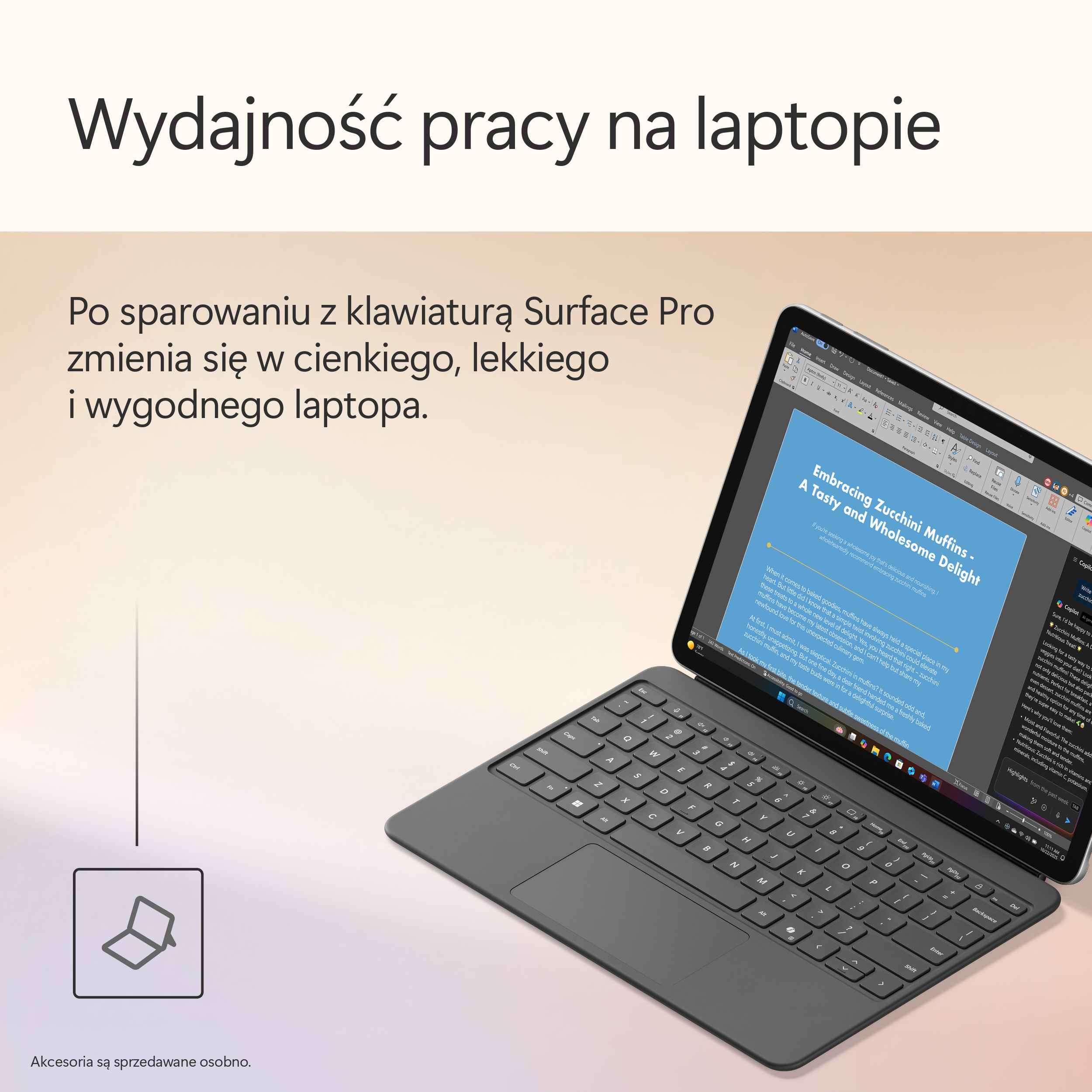 Tablet z dołączoną klawiaturą. Ekran wyświetla dokument. Klawiatura jest ciemnoszara.