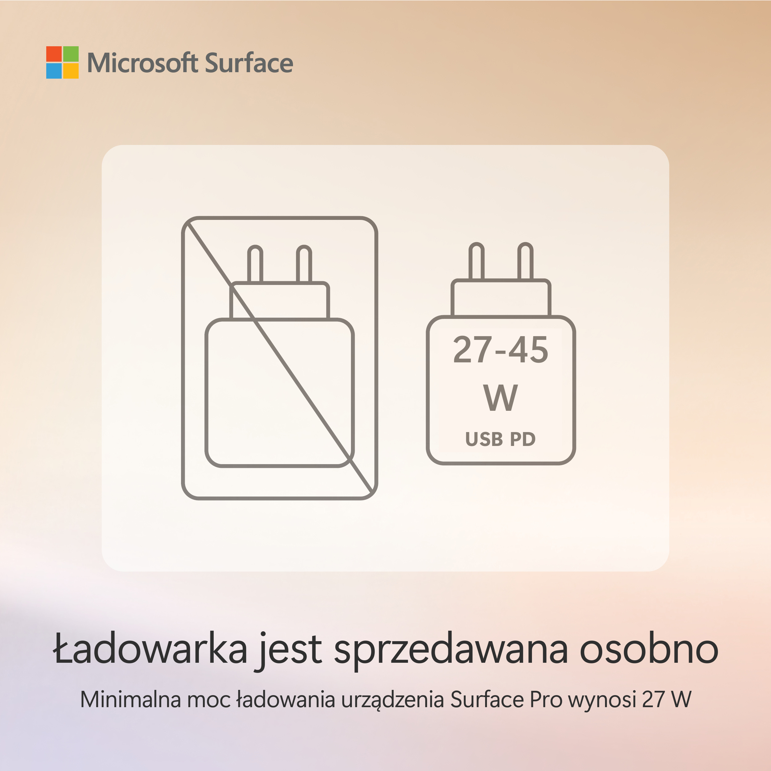 Obraz z zasilaczem ze skreślonym symbolem. Tekst: Ładowarka jest sprzedawana osobno.
