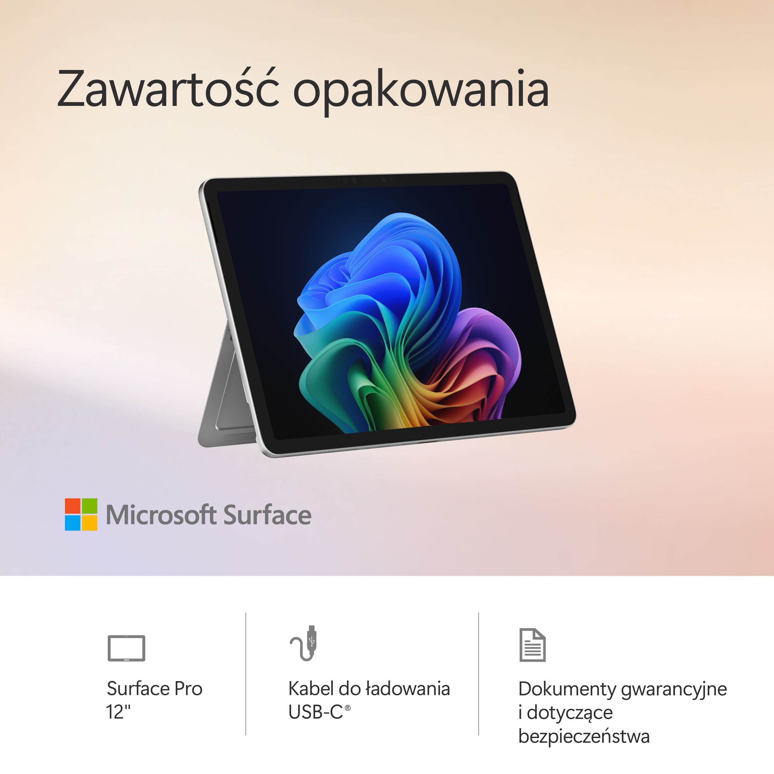 Tablet i akcesoria. Tekst brzmi: „Zawartość opakowania”.