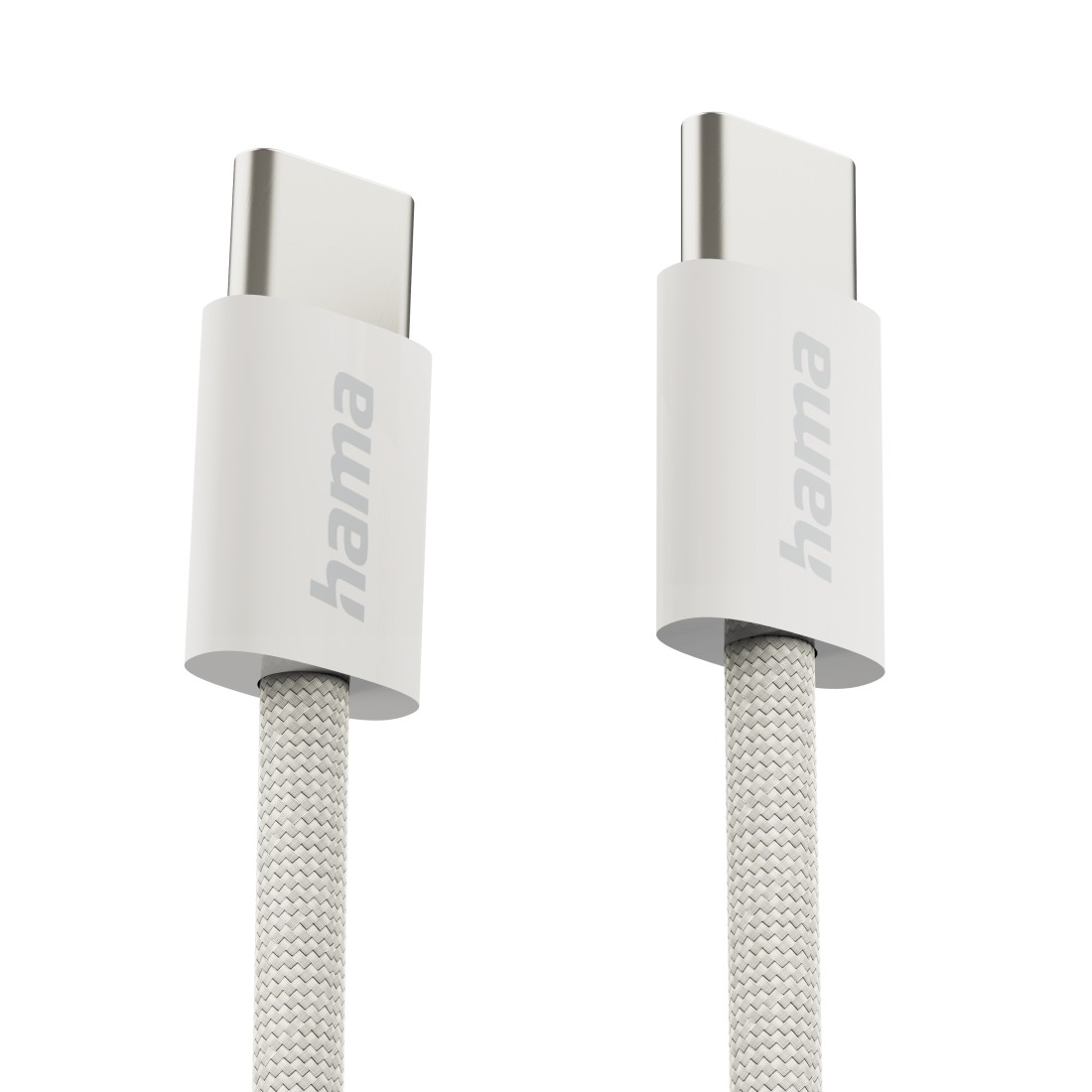 Zwei weiße USB-C-Kabel nebeneinander mit dem „hama“-Logo auf den Steckern.