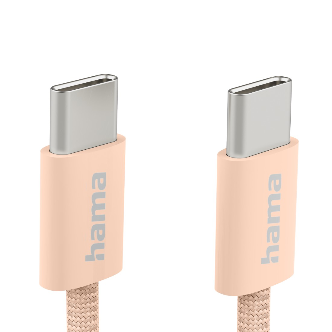 Zwei USB-C-Stecker mit hellpfirsichfarbenen Basen, weißem Text und silbernen Enden.