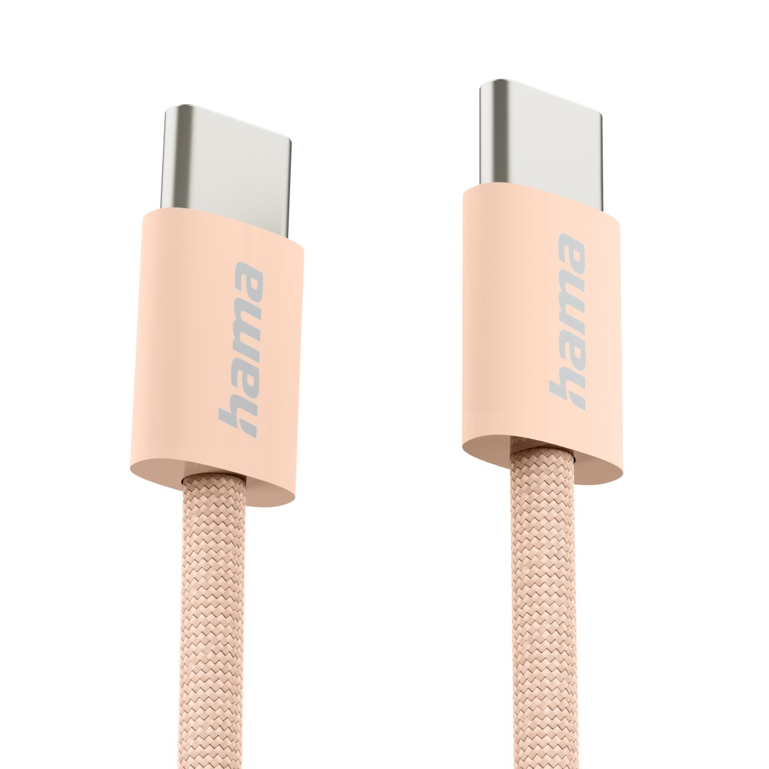 Zwei pfirsichfarbene USB-C-Kabel mit 'hama'-Markenlogo auf dem Stecker.