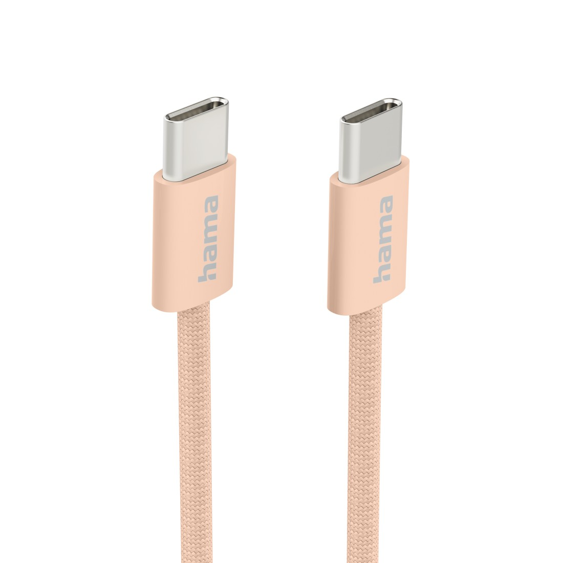 Zwei pfirsichfarbene USB-C-Kabel mit 'hama'-Markenlogo auf dem Stecker.