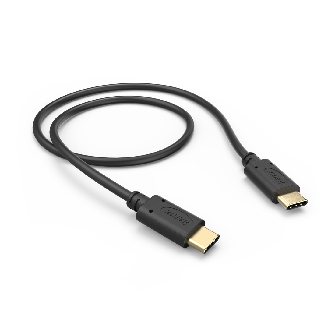 Schwarzes USB-C-Kabel mit Steckern an beiden Enden, auf weißem Hintergrund.