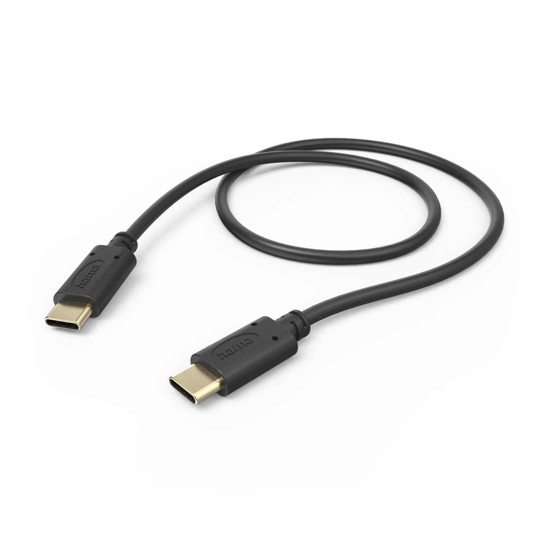 Ein schwarzes HDMI-Kabel mit goldfarbenen Steckern auf weißem Hintergrund.