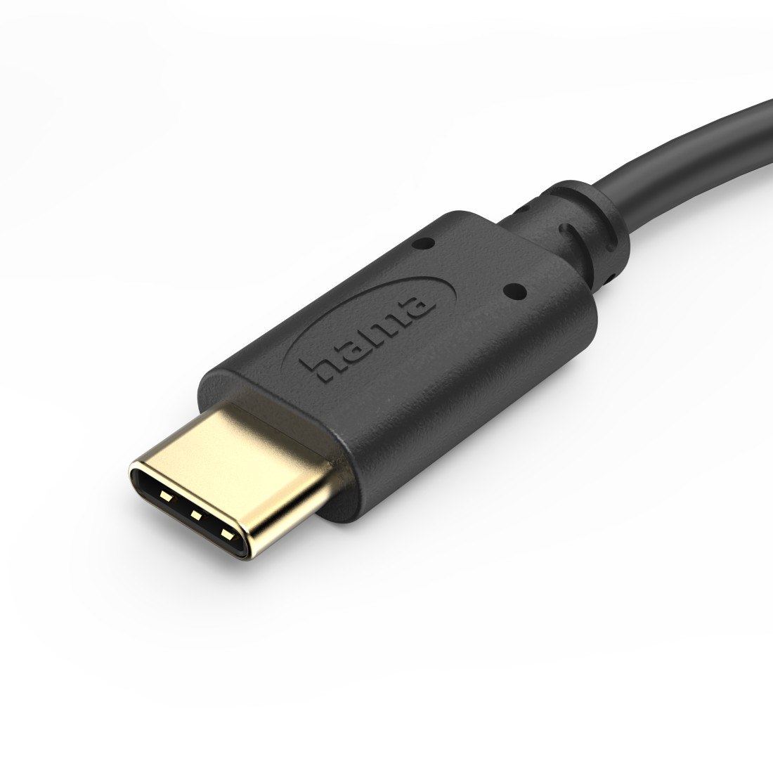 Schwarzes USB-C-Kabel mit goldenem Stecker. Auf dem Kabel steht 'hama'.