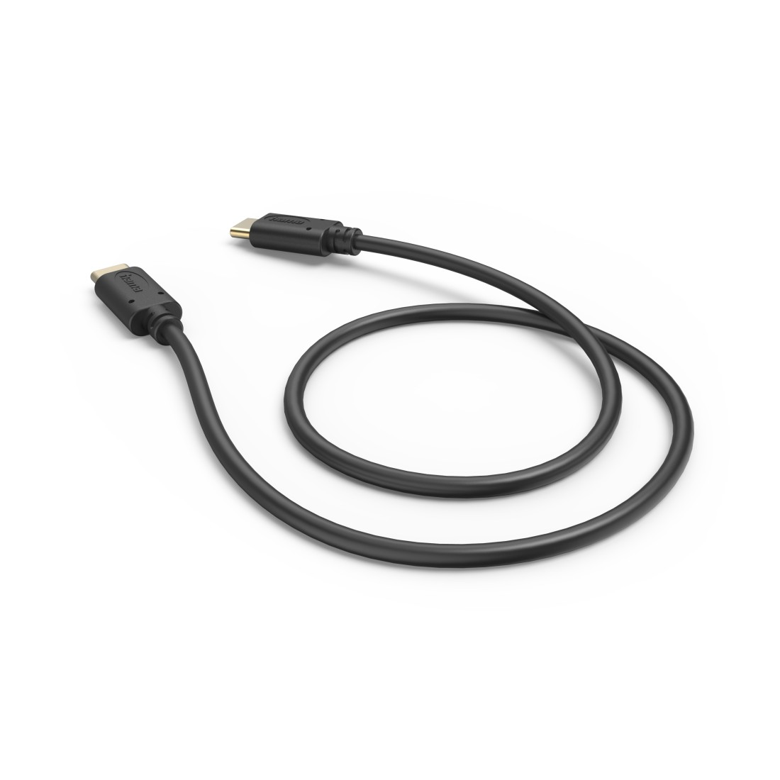 Ein schwarzes HDMI-Kabel in gebogener Form, das zwei schwarze Stecker verbindet.