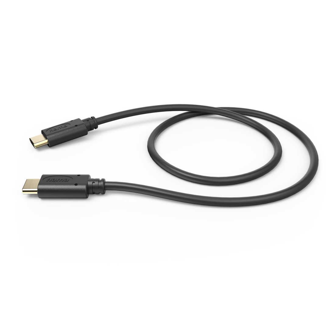 Ein schwarzes USB-C-Kabel mit goldenen Steckern auf weißem Hintergrund.