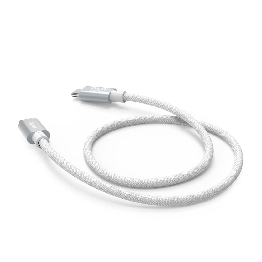 Weißes USB-C-Kabel mit silbernem Stecker. Das Kabel ist geflochten und auf weißem Hintergrund.