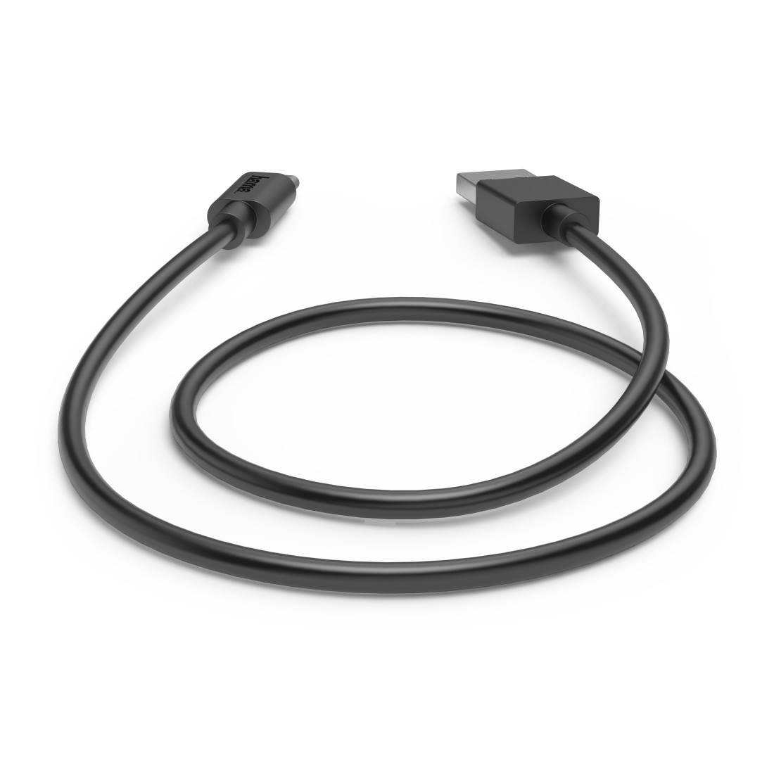 Schwarzes Kabel mit Anschlüssen an beiden Enden, weißer Hintergrund.