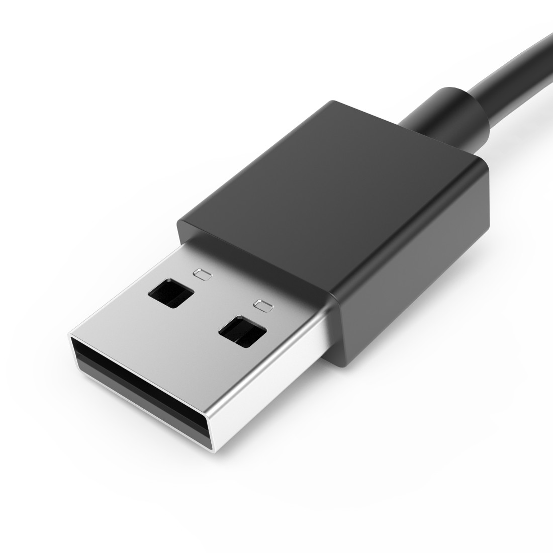 Nahaufnahme eines schwarzen USB-Kabels mit silbernem USB-Anschluss vor weißem Hintergrund.
