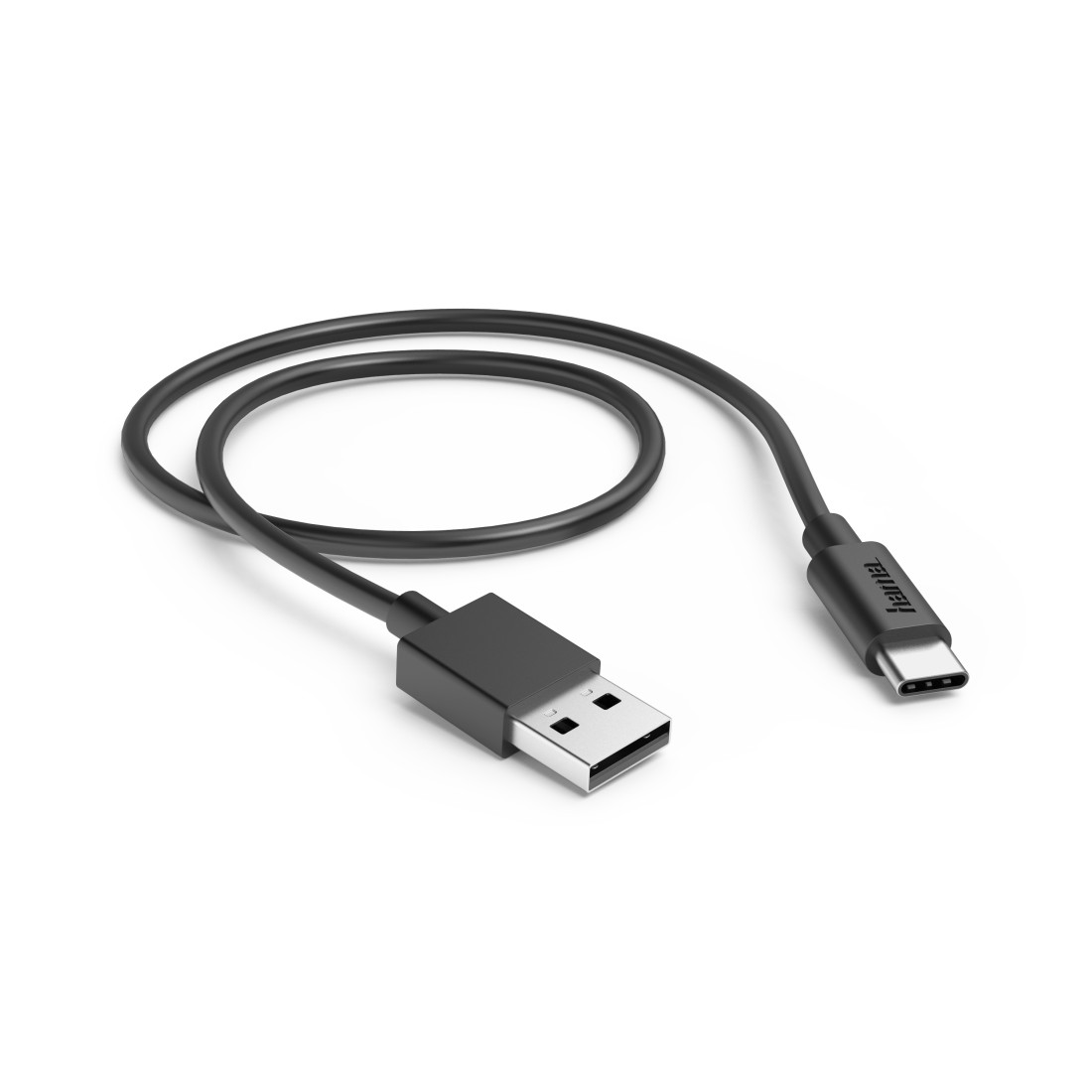 Schwarzes USB-zu-USB-C-Kabel, isoliert auf Weiß. Das Kabel ist aufgerollt.