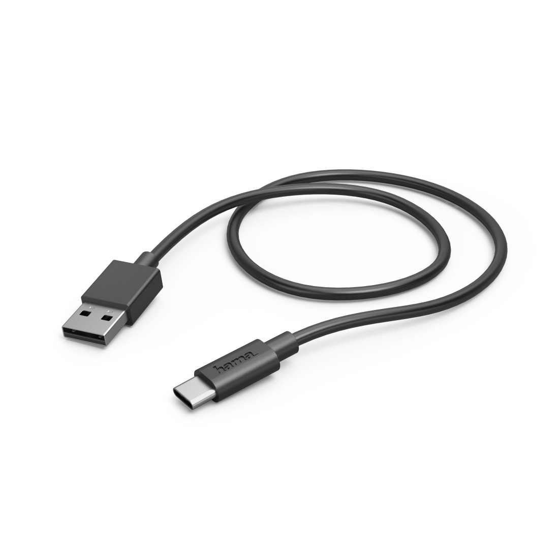 Schwarzes USB-C-Kabel, mit einem USB-A-Anschluss an einem Ende und USB-C am anderen.