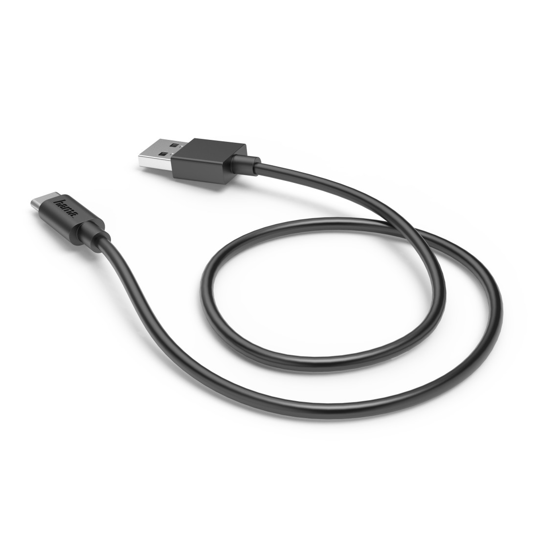 Ein schwarzes USB-Ladekabel mit einem USB-A- und einem USB-C-Anschluss auf weißem Hintergrund.