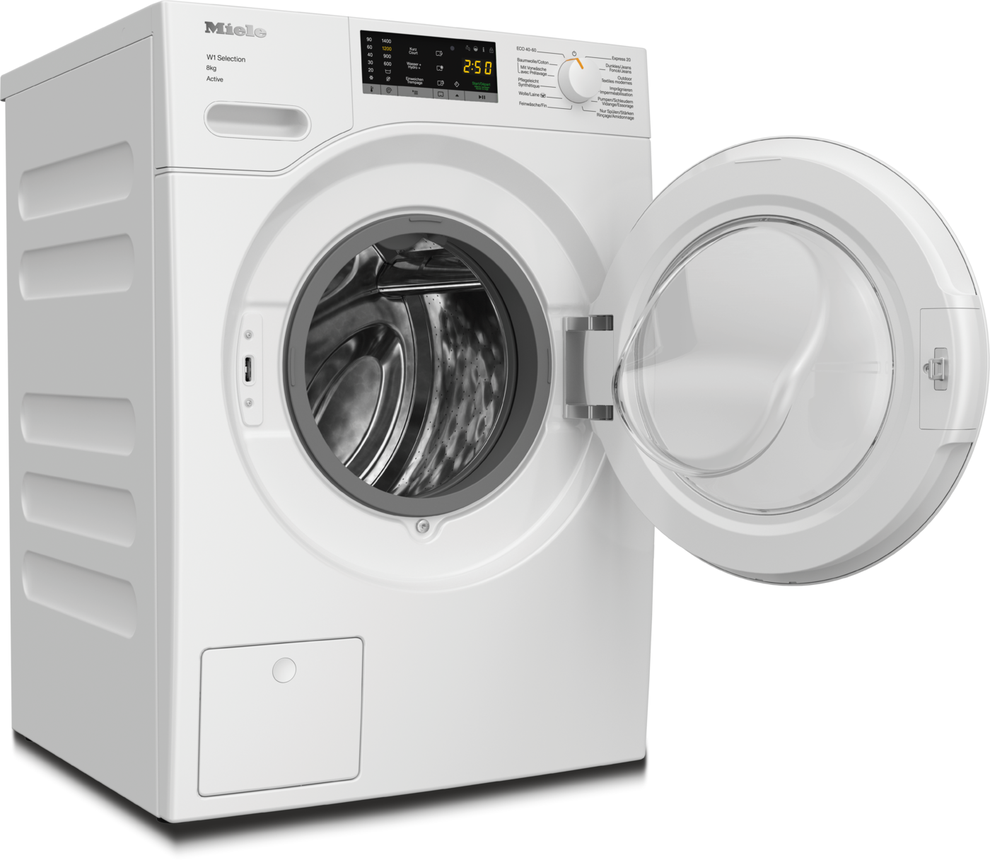 Une machine à laver blanche avec la porte ouverte, montrant le panneau de contrôle.