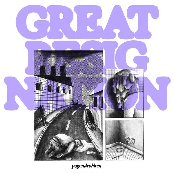 Illustration mit Text „GREAT DESIGN“, Szenen von Fabriken, einer Straße, einer liegenden Person und einem Raum mit Steckdosen.