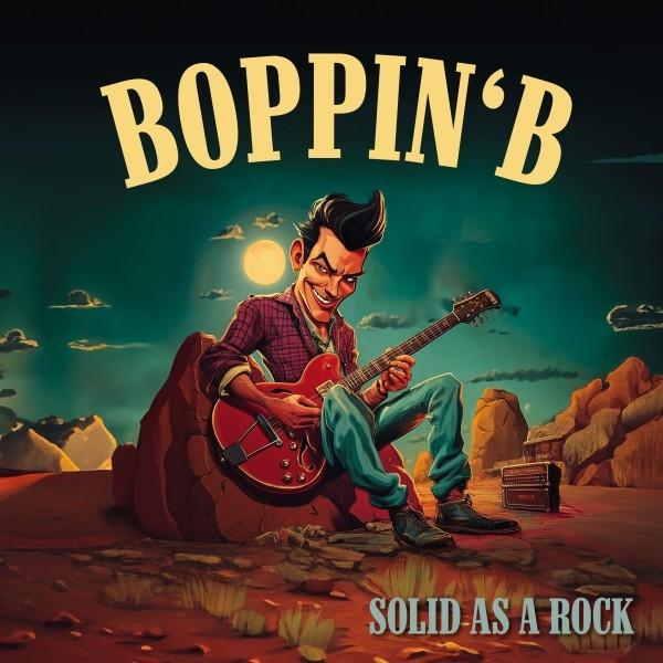 Cartoon eines Mannes, der Gitarre spielt, auf einem Felsen sitzt, Wüstenhintergrund, Albumcover.