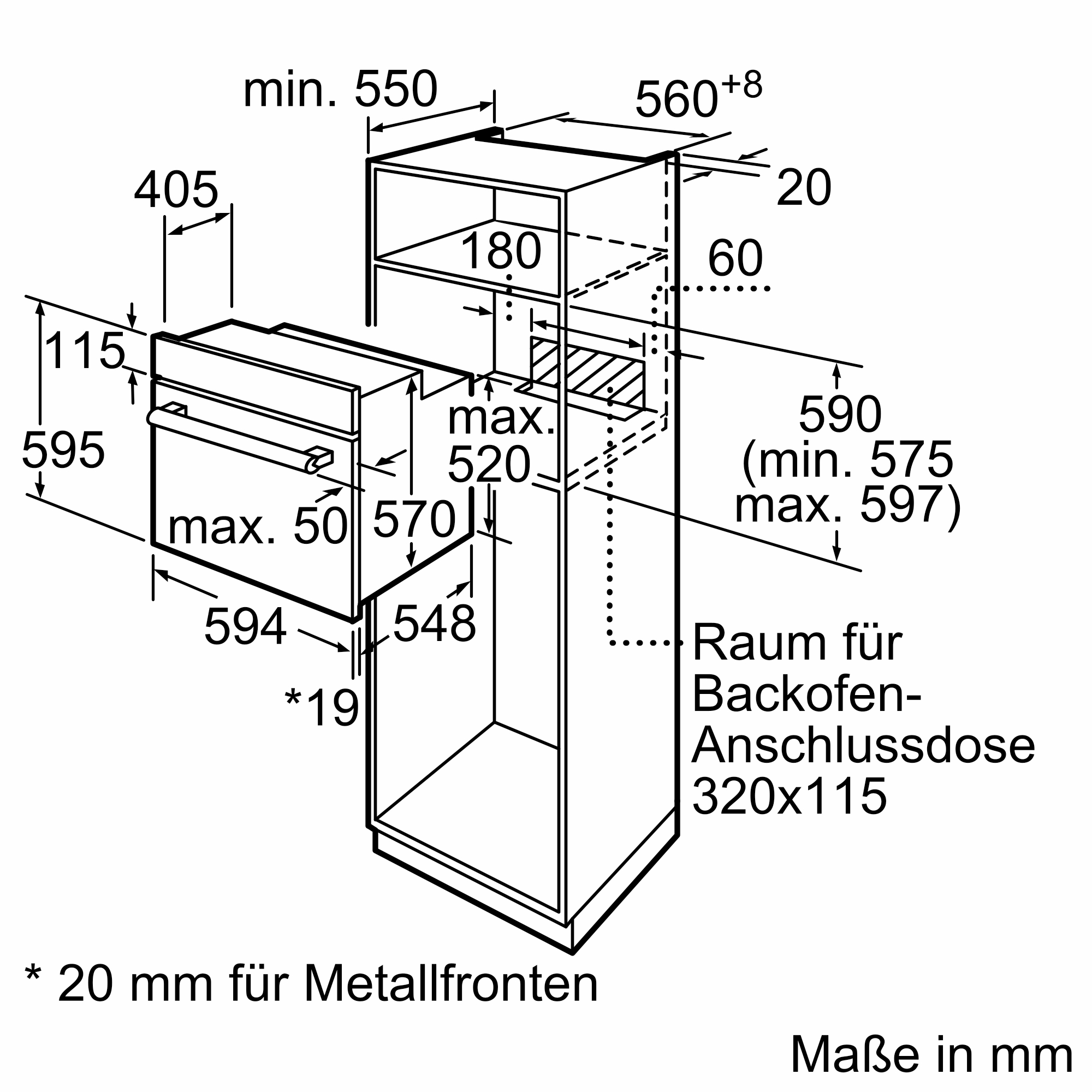 Technische Zeichnung eines Einbauofens mit Abmessungen in mm.