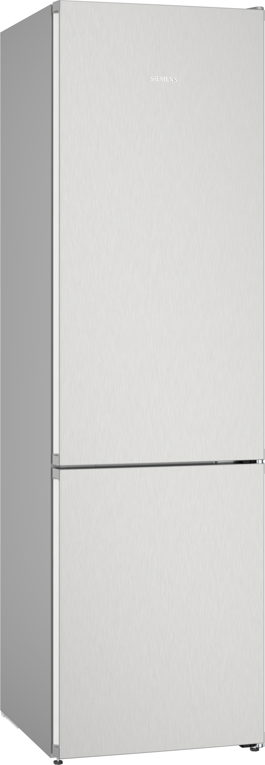 Ein hoher, silberner Siemens-Kühlschrank. Er hat zwei Türen, oben und unten.