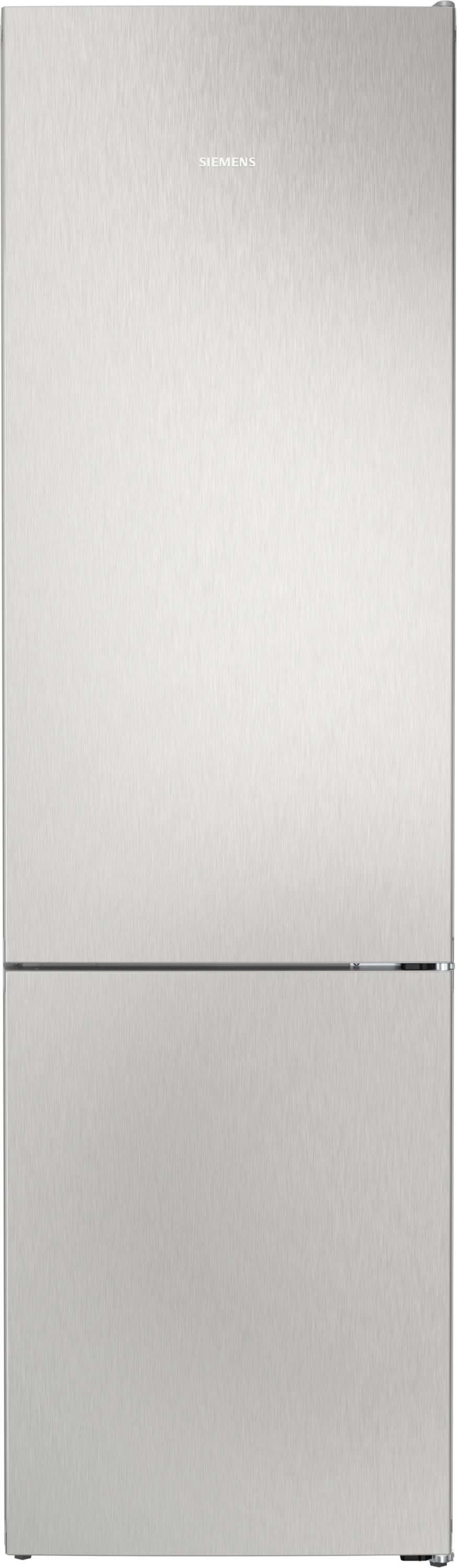 Ein hoher, silberner Siemens-Kühlschrank. Er hat zwei Türen, oben und unten.